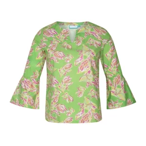 Green Floral Ruffle Sleeve Top