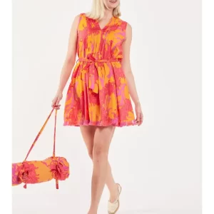 Felice Cotton Big Coral Dress -Orange & Fushsia