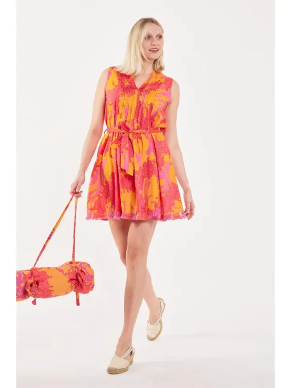 Felice Cotton Big Coral Dress -Orange & Fushsia