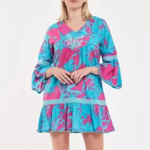 Ilaria Cotton Big Coral super Pink and Blue Dress