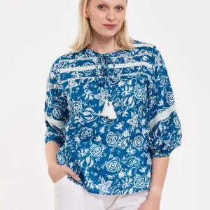 Leola Cotton Floral Repeat Navy White Blouse