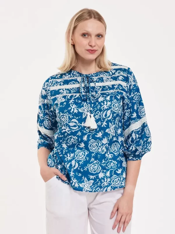 Leola Cotton Floral Repeat Navy White Blouse