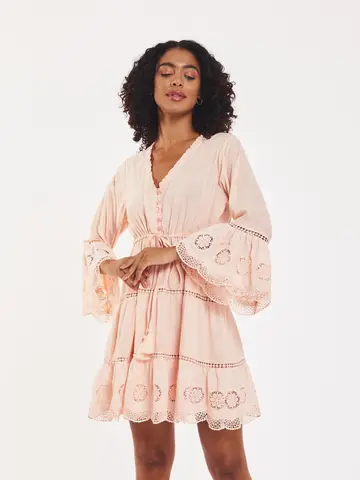 esideria Cotton Lace Dress – Beige cotton dress with empire waist, lace trim, and tie sleeves.
