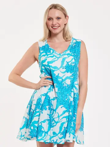 Enrica Cotton Big Coral White and Blue Dress