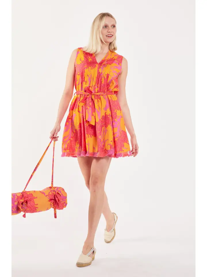 Felice Cotton Summer Dress – Sleeveless fit-and-flare dress with orange and fuchsia swirl on coral base.