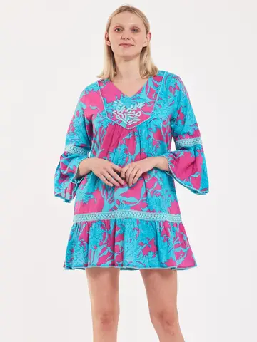 Ilaria Cotton Swirl Dress – Lightweight cotton dress with pink and blue swirl pattern, puff sleeves, and tiered skirt.